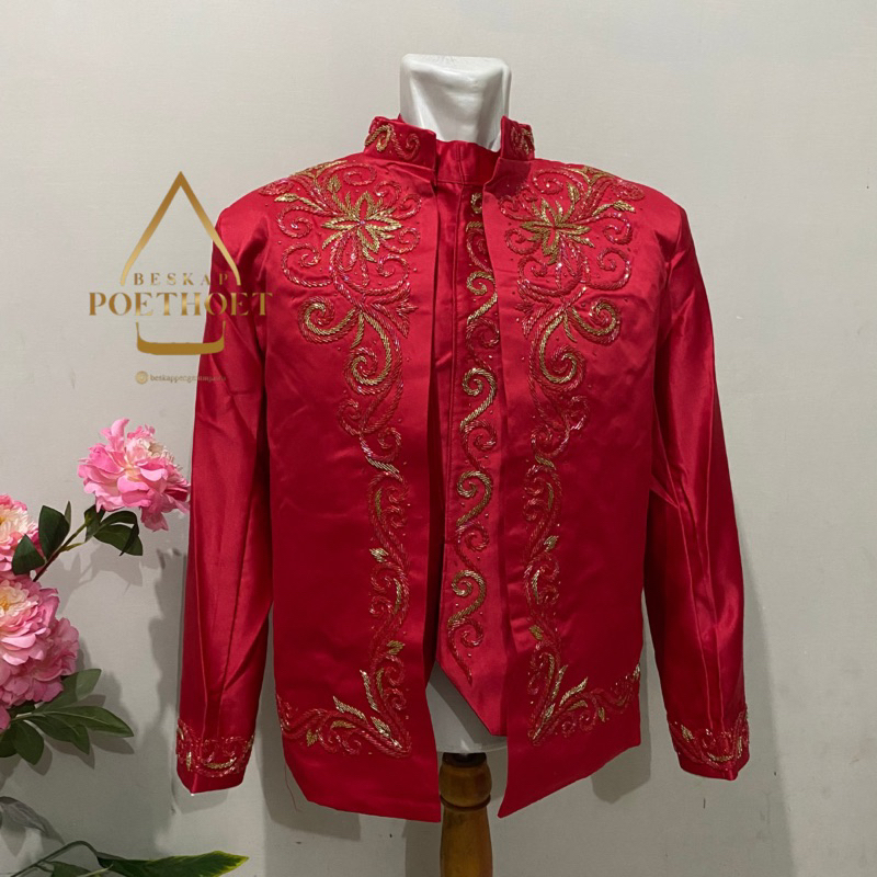 READY Jas pengantin beskap merah Payet kombinasi gold lengkap celana dan peci Sunda muslim