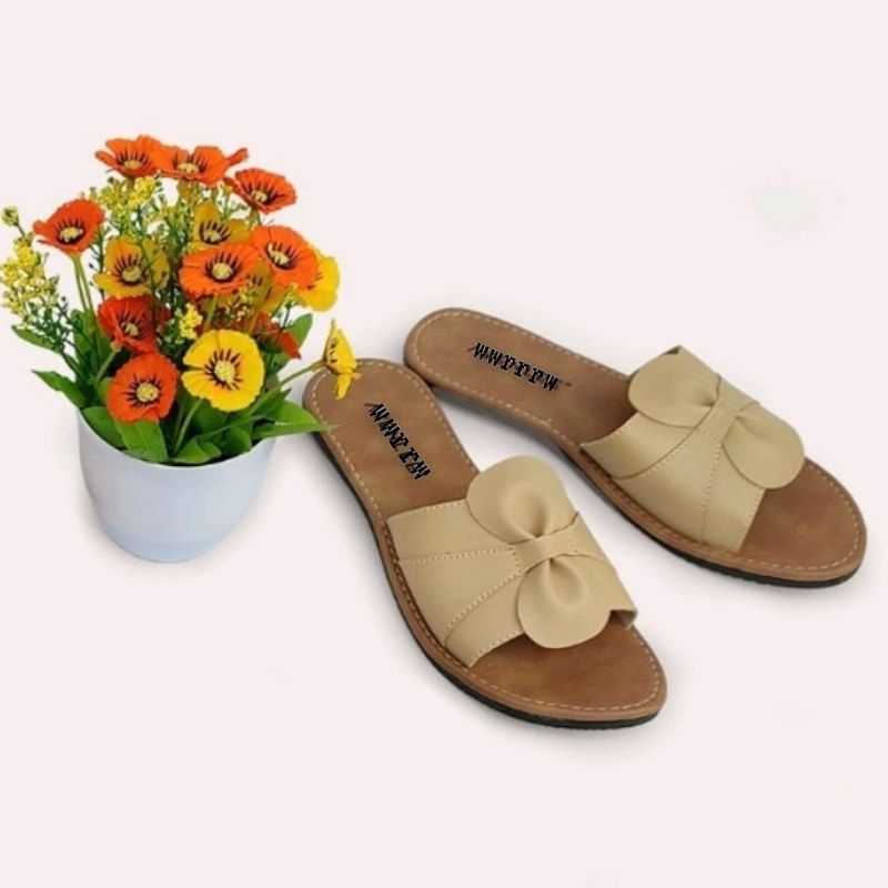 Sandal Kulit Wanita Slop Slide Flat Nonslip Motif Ban Dua