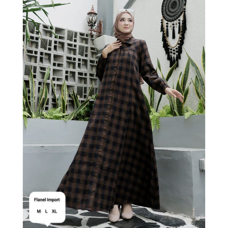 Fashion Muslim Gamis Motif Kotak-Kotak | Pakaian Muslim Wanita | Gamis  Flanel Import Quality Origin