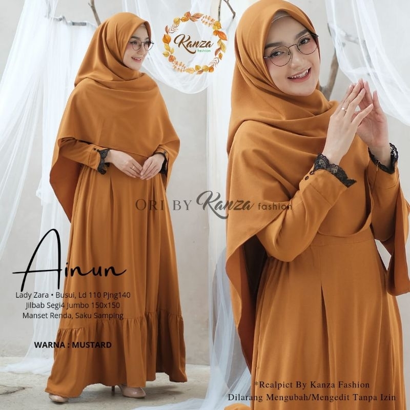 Ainun Syari Ori Kanza Fashion - Gamis Syar'i Khimar Bergo Segiempat Jumbo