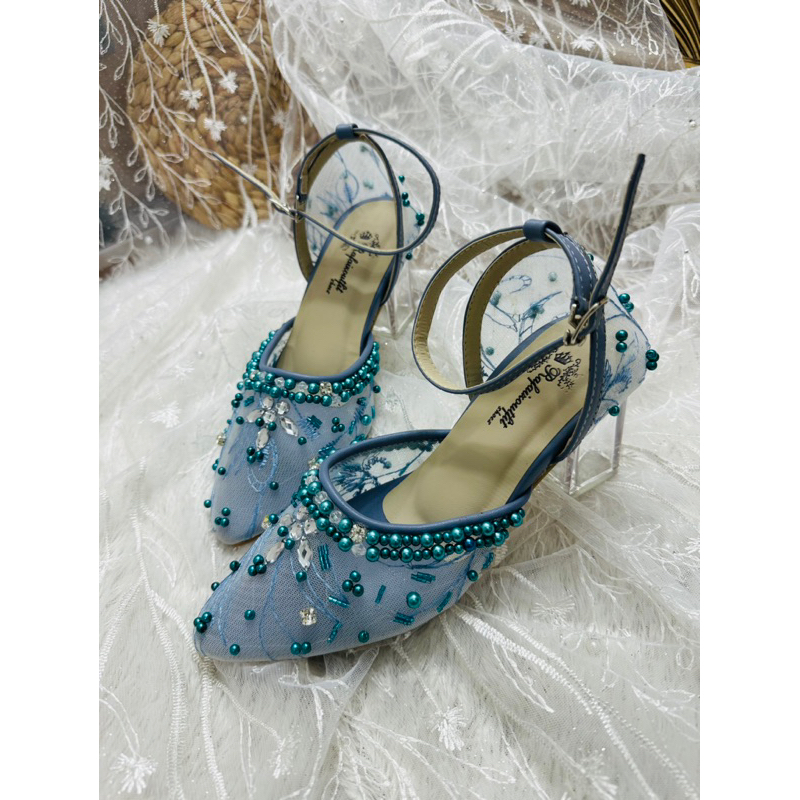 sepatu Zaneta wedding iceblue wanita 7cm kaca