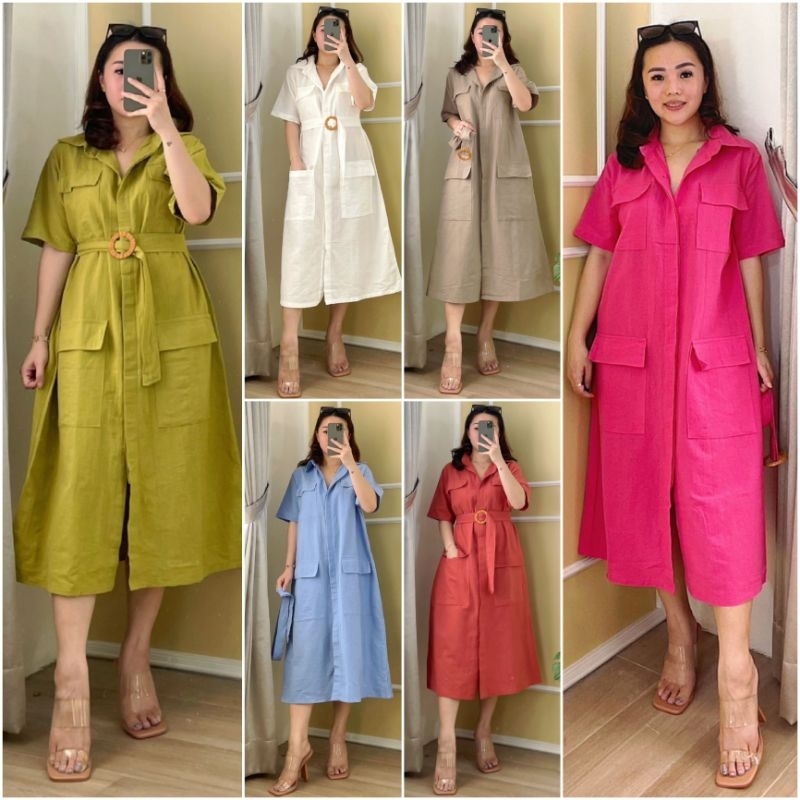 ♡ PREMIUM ♡ ORIGINAL ! CRETTY 4 POCKET LOOSE BUTTON MIDI DRESS WITH BELT ( BUSUI FRIENDLY )