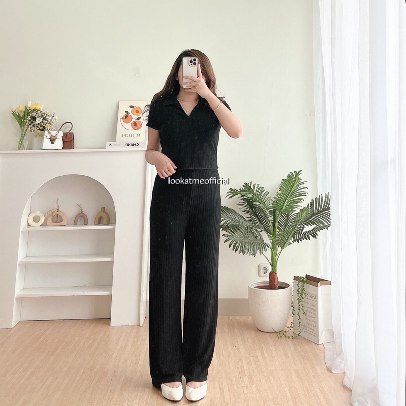 lookatmeofficial - Erika Knit Set - Setelan Wanita 2in1 Polo Top + Pants Bahan Knit Premium