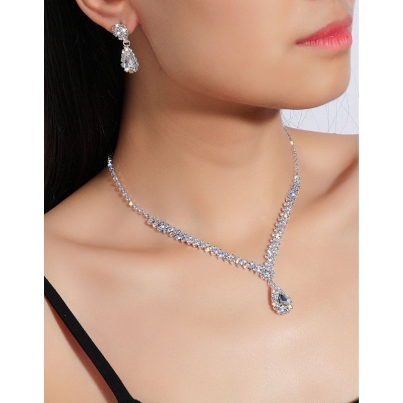 1 Set Kalung Anting Bentuk Water Drop Aksen Berlian Imitasi Gaya Korea Wedding