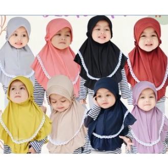 Bergo Anak Pet Renda Jilbab Anak Lubna Usia 1- 3 Tahun Kerudung Hijab Anak Bayi Bahan Jersey Balon Lembut Adem Nyaman Dipakai