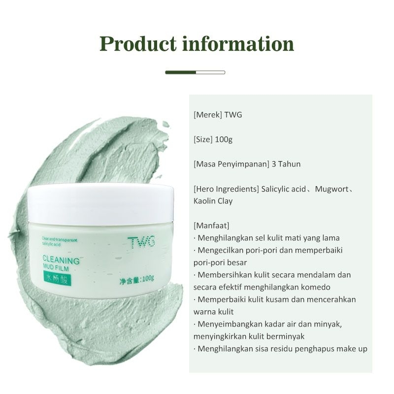 TWG Mugwort Mask Salicylic Acid Anti Pores &amp; Acne Clay Mask / TWG Mud Mask Mengangkat Komedo &amp; Sel Kulit Mati &amp; Mengecilkan Pori-Pori Menghaluskan Kulit / TWG Masker Wajah Pelembab &amp; Menghaluskan Kulit / TWG Masker Lumpur Hijau / Masker Pengangkat Komedo