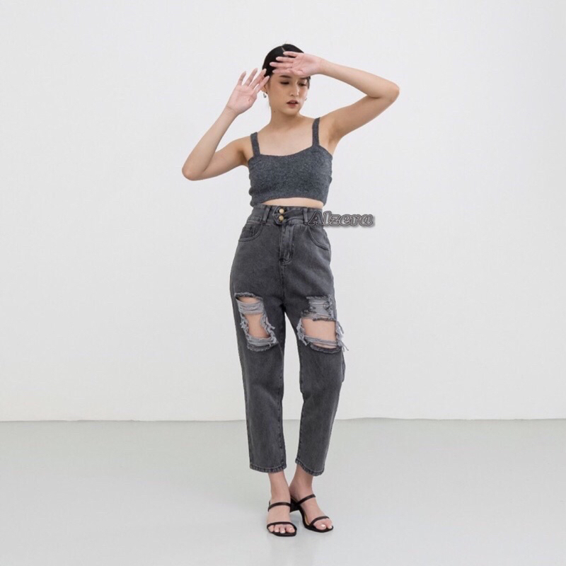 Highwaist Boyfriend Ripped Jeans Sobek ( Tidak Tembus ) by Alzera