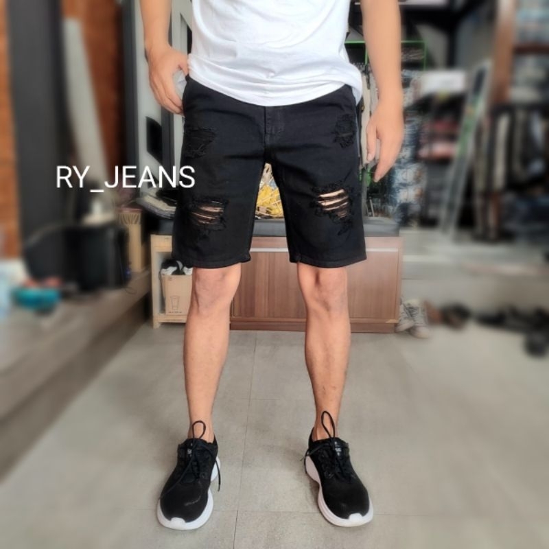 Jeans pendek sobek pria celana pendek pria street jeans hitam pendek