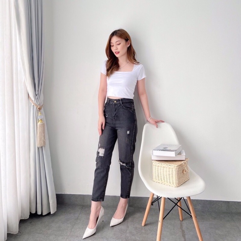 Highwaist Celana Jeans Boyfirend Emy Ripped Jeans Tidak Tembus ( ada lapisan ) by Alzera