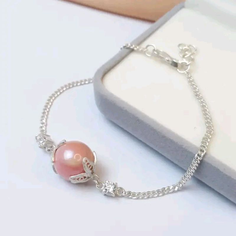 gelang perak mutiara laut Pink | gelang rante perak | mutiara laut Pink