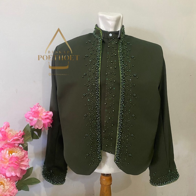 beskap pengantin pria hewes Solo krowok hijau army bahan matte premium