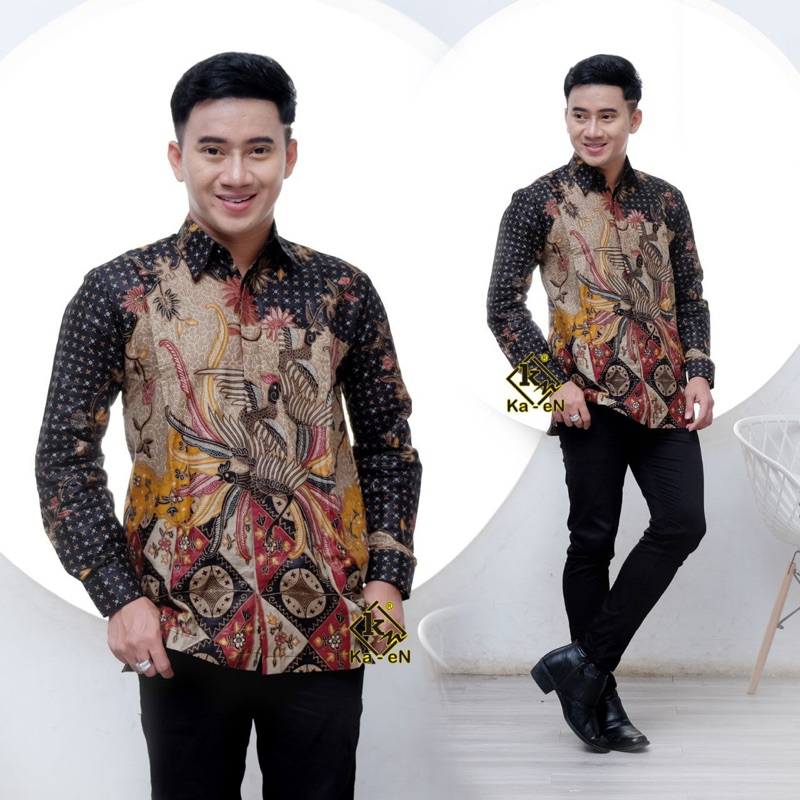 Atasan Baju Kemeja Batik Pria Lengan Panjang Seragam Kantor Modern Kekinian Motif Ungu Size M L XL XXL