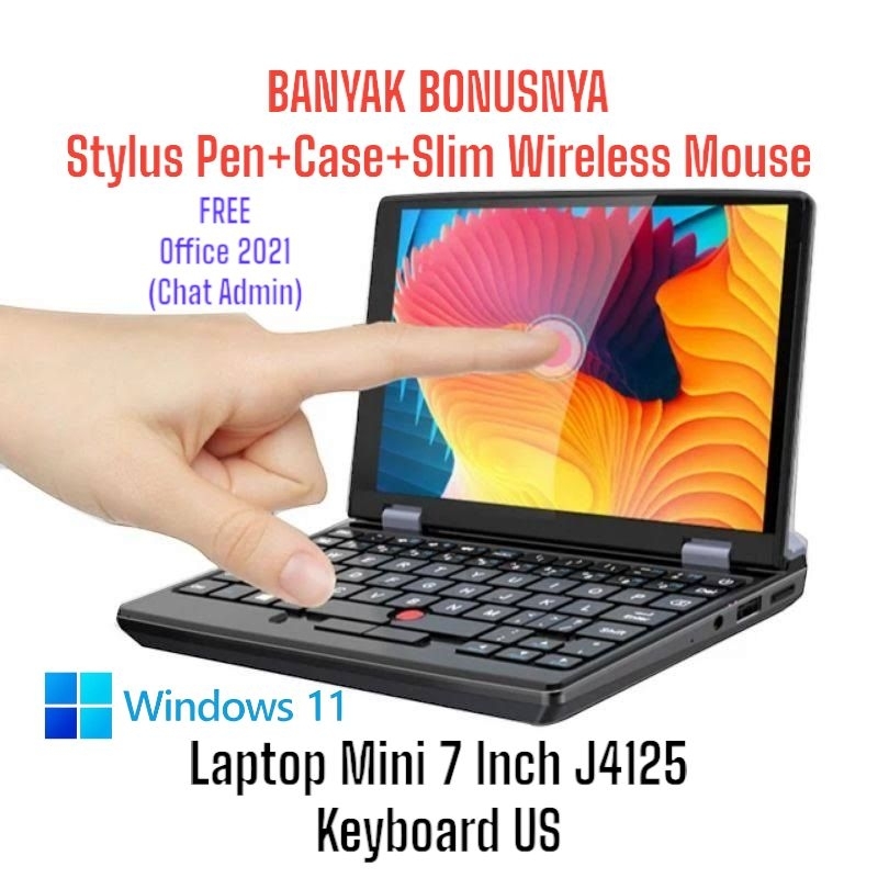 Laptop Mini W7 12/256GB 7&quot; J4125 Touch Keyboard US Windows 11 + Stylus Pen + Case + Slim Mouse