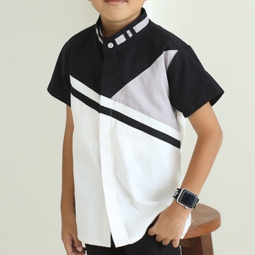 2221101 Nywan Apparel Kemeja Koko Anak laki lebaran Katun Twill stretch Hitam Putih abu