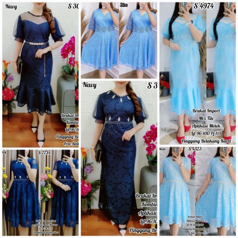 RESTOK!! Dress Brukat Mewah Khusus NAVY/BIRU (Ada 50 motif)