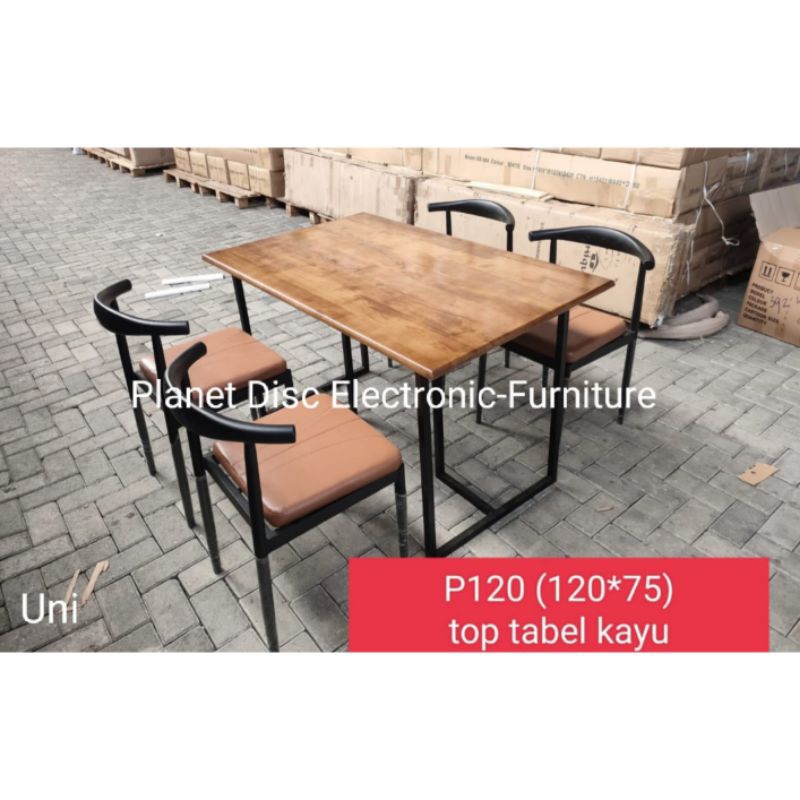 Meja Makan Kayu 4kursi 120cm kaki besi Dining set dining table meja cafe meja restoran meja teras me