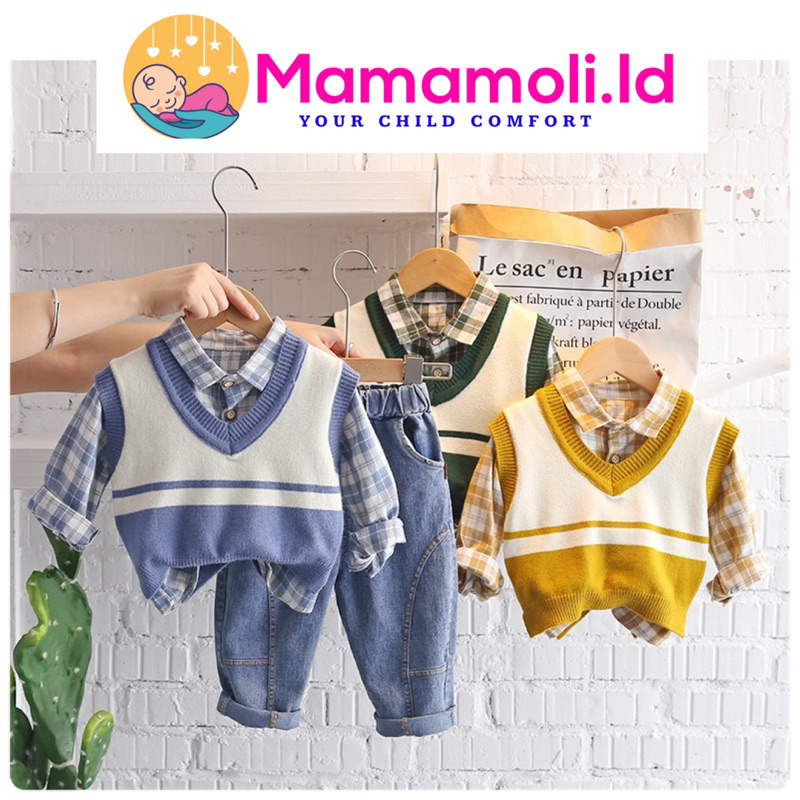 Baju Setelan Anak Laki Laki Cowok 1 2 3  Tahun  3 IN 1 ( Kemeja, Celana Panjang , Rompi/ Vest ) / Baju Lebaran Anak / Baju Jalan Anak / Baju Casual Anak Import Quality/ Sandal Anak / Sepatu Anak / Jaket Sweater Anak