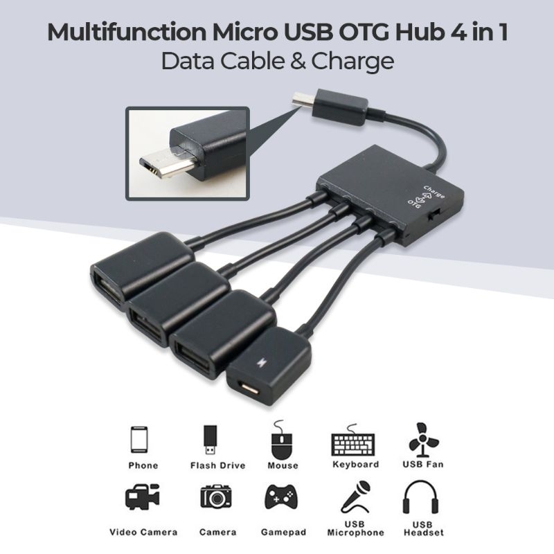 OTG Micro USB Hub 4 in 1 Data Cable &amp; Charge 3 Port - M3H4 - Black