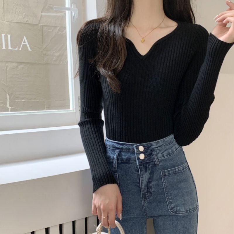 BAJU RAJUT IMPORT FASHION KOREA/ATASAN BAJU KOREA Knitwear Fashion Korean Crop Long Sleeve U-Neck Knit Top Atasan Korean Style Wanita