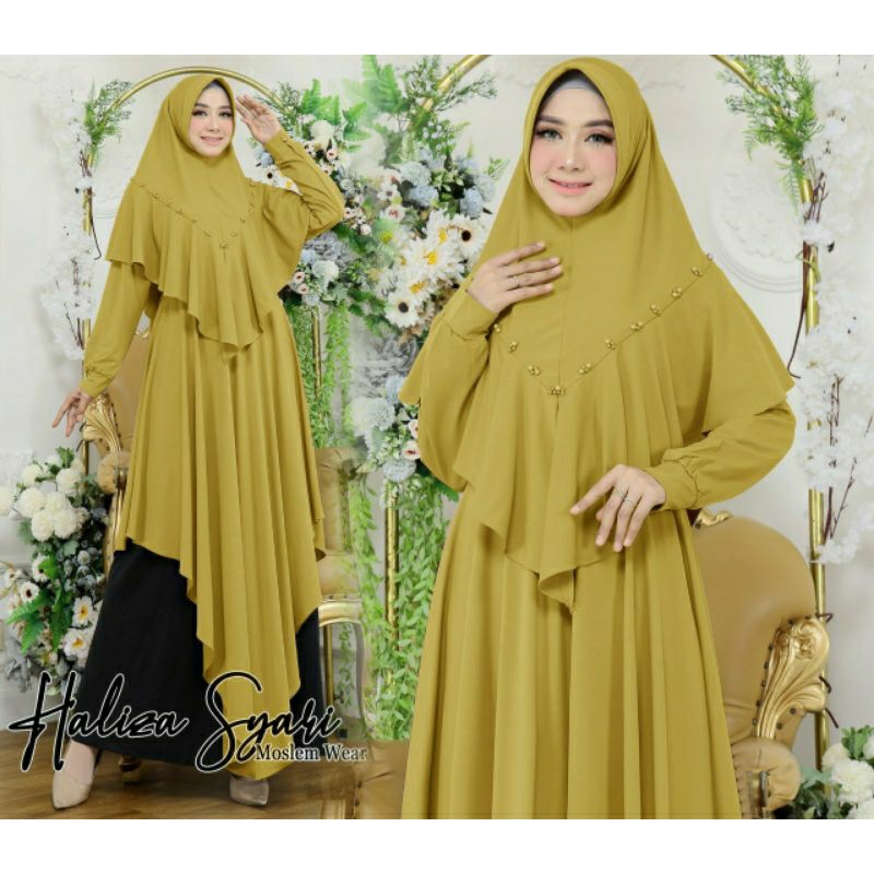 Haliza Syari Set, GAMIS SETELAN SYARI CANTIK MODIS FIT XXXL LD 110-130 BAHAN MOSCREPE LOTUS MIX MUTIARA ZIPPER BUSUI +BERGO CANTIK TERMURAH TERLARIS OOTD KEKINIAN