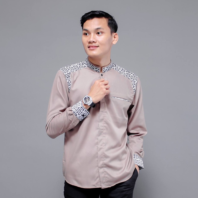 Baju Koko Pria Kombinasi Batik Lengan Panjang Original Elrumi Toyobo Premium Elegan Terkini Terlaris