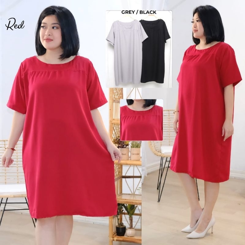 MIDI DRESS SELUTUT JUMBO BIG SIZE WANITA WARNA POLOS CASUAL WARNA MERAH HITAM ABU LENGAN PENDEK TUNI