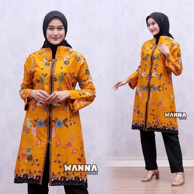 TUNIK BATIK CANTIK ELEGAN ATASAN WANITA ZIPPER BAJU KERJA TERBARU KEKINIAN