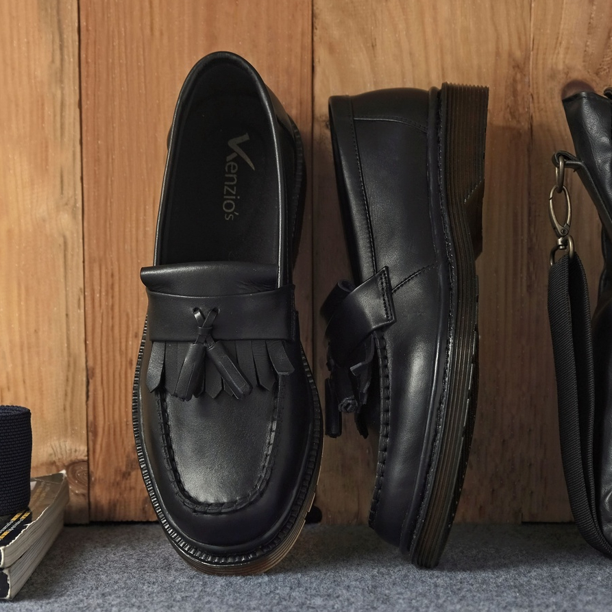 Gates Black Solid (Kulit Asli) - Sepatu Loafers Pria Casual Kulit Asli Formal Slip On Kerja Kuliah Loafer Kasual Original