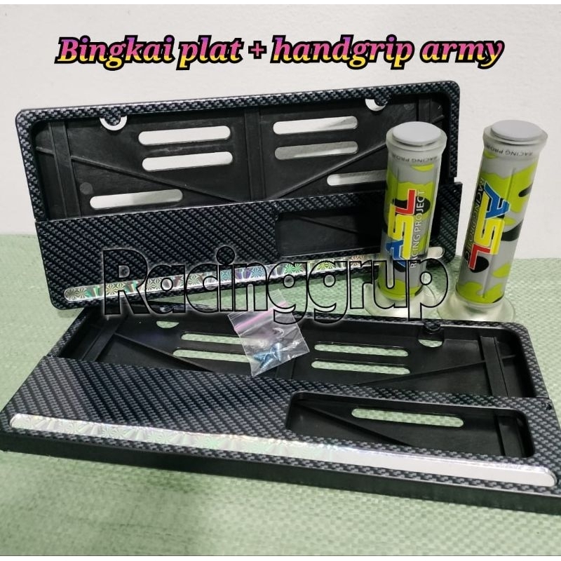 PROMO Paket  murah Dudukan Plat Nomor Bingkai Pelat Nomor Motor Cover Plat Universal+handgrip army grip karbon army Grey