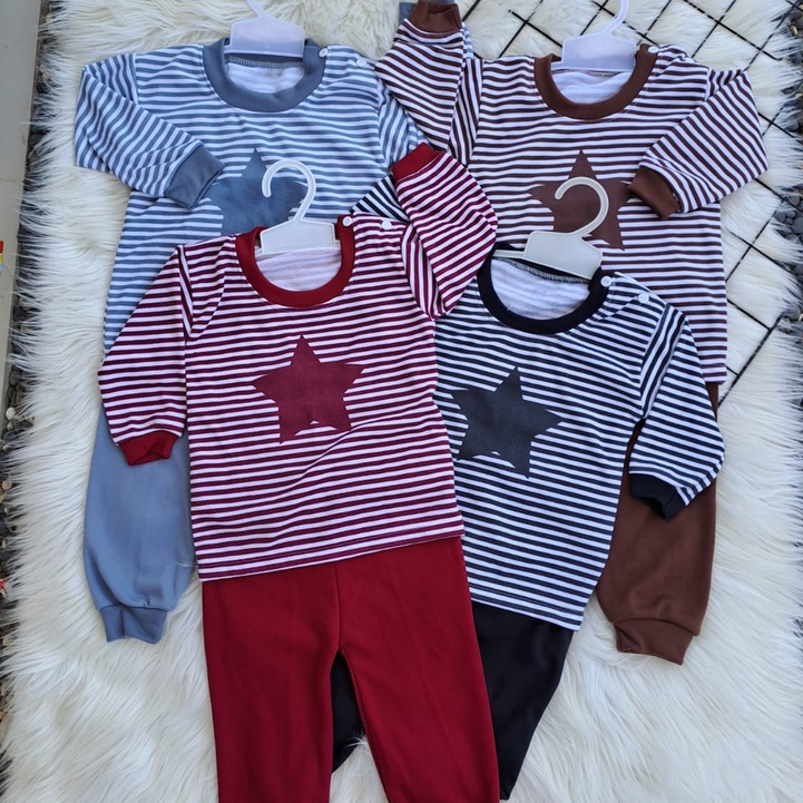 stelan baju bayi laki laki perempuan lucu murah motif bintang salur PANJANG 3-18 bulan