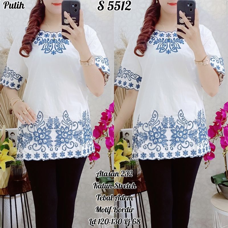 STYLE 5512. Baju Atasan Katun Putih Jumbo Blouse Lengan Pendek Bordir