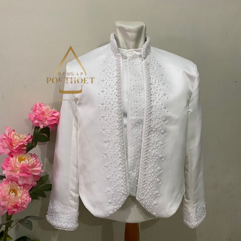 Jas beskap pengantin Jawa solo hewes akad putih Payet elegan simple free selop