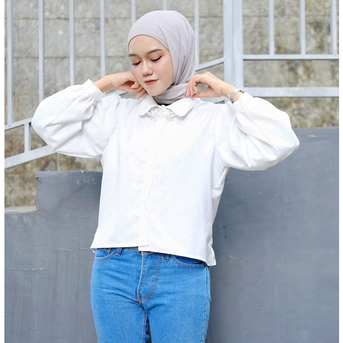 Elze Blouse Polos Shakilla Kemeja Elze Atasan Wanita Shakila Twill Lengan Balon Full Kancing