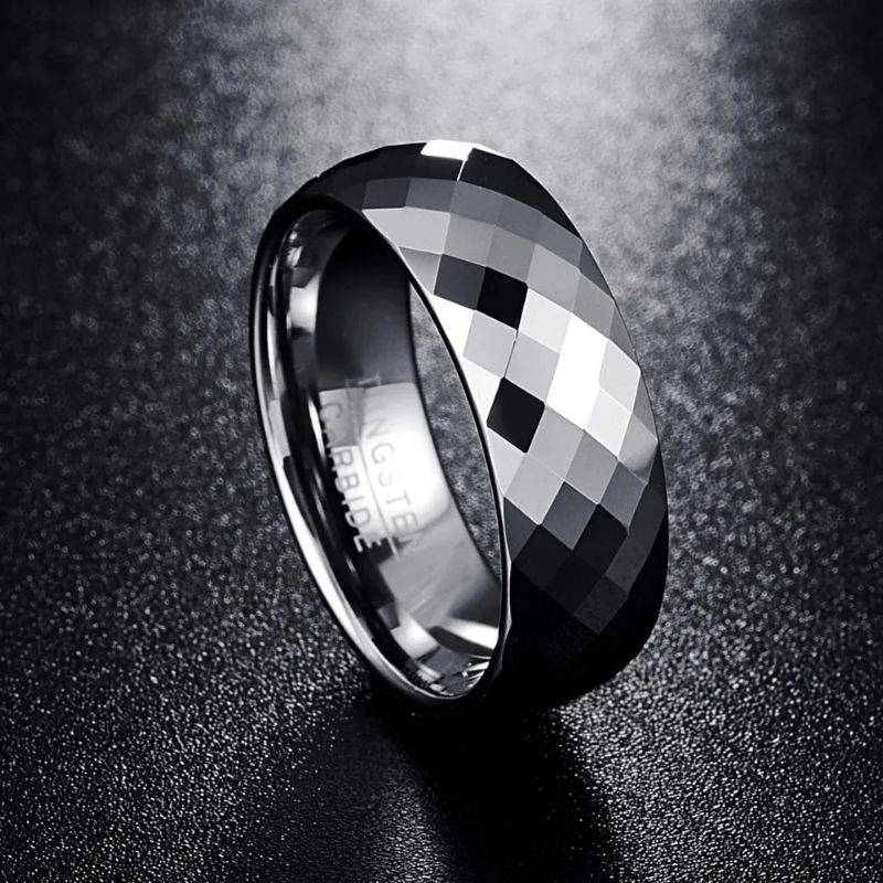 Cincin Tungsten Carbide Multi Faceted Dome 8 mm Original Minimalis High Quality