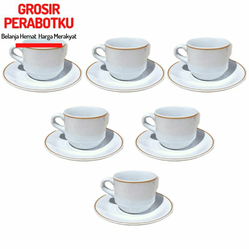 Cangkir Set Putih Hitam Lis Emas Lucky 12pcs Cup &amp; Saucer Gelas Kopi Teh Keramik