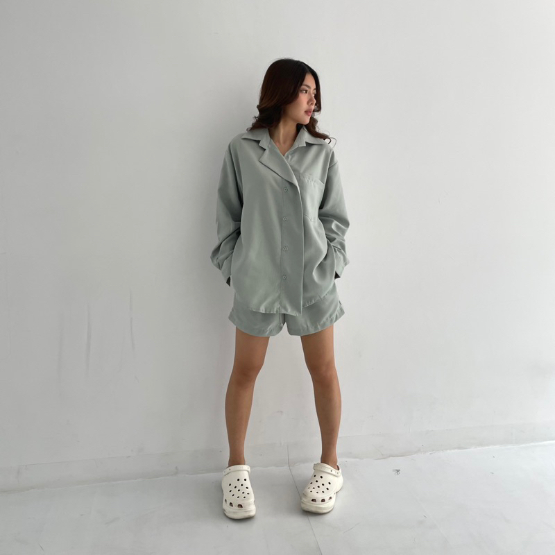 CAIRO SET | Set Kemeja Wanita Panjang Setelan Celana Pendek Highwaist Short Oversized Korean Outer Shirt