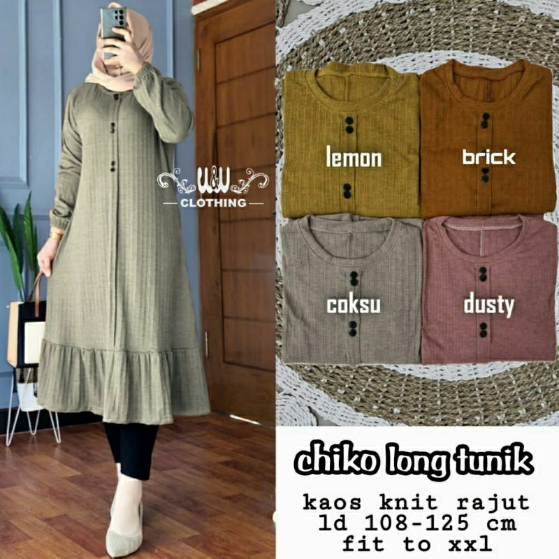 Chiko Long Tunik, TUNIK WANITA CANTIK MODIS FIT XXL LD 108-125 BAHAN KAOS KNITE RAJUT IMPORT TERMURAH OOTD KEKINIAN TERLARIS