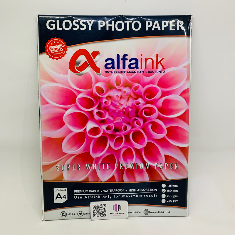 

Kertas Foto Glossy Alfa ink 180 Gsm A4 20 Sheet