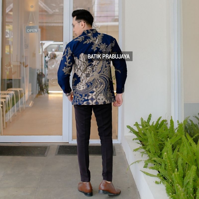 SELING NAVY Kemeja Batik Pria Lengan Panjang Modern Premium Jumbo Slim fit - Baju Batik Pria Cowok Kondangan Pesta Seragam Sragam Kerja Kantor