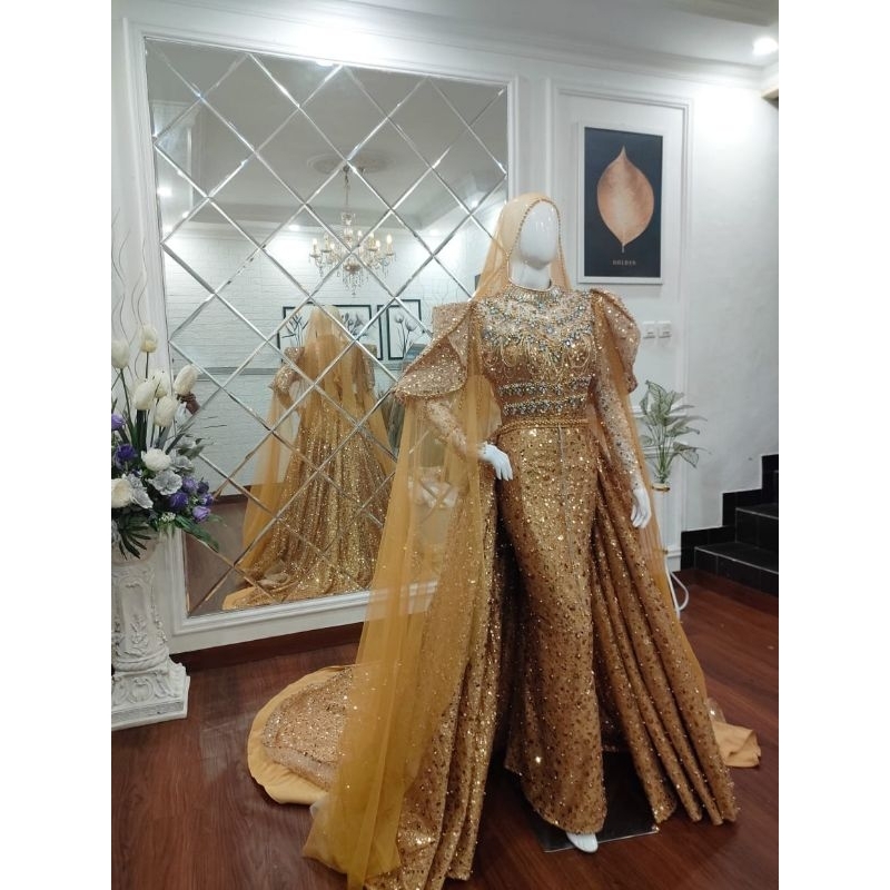 GAUN 3 IN 1 PREMIUM WARNA GOLD//GAUN PESTA 3 IN 1 PREMIUM GOLD