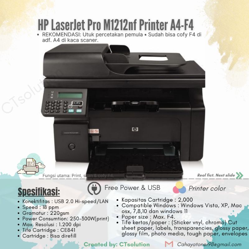 Printer HP LaserJet M1212nf - adf scan (F4) Multifungsi