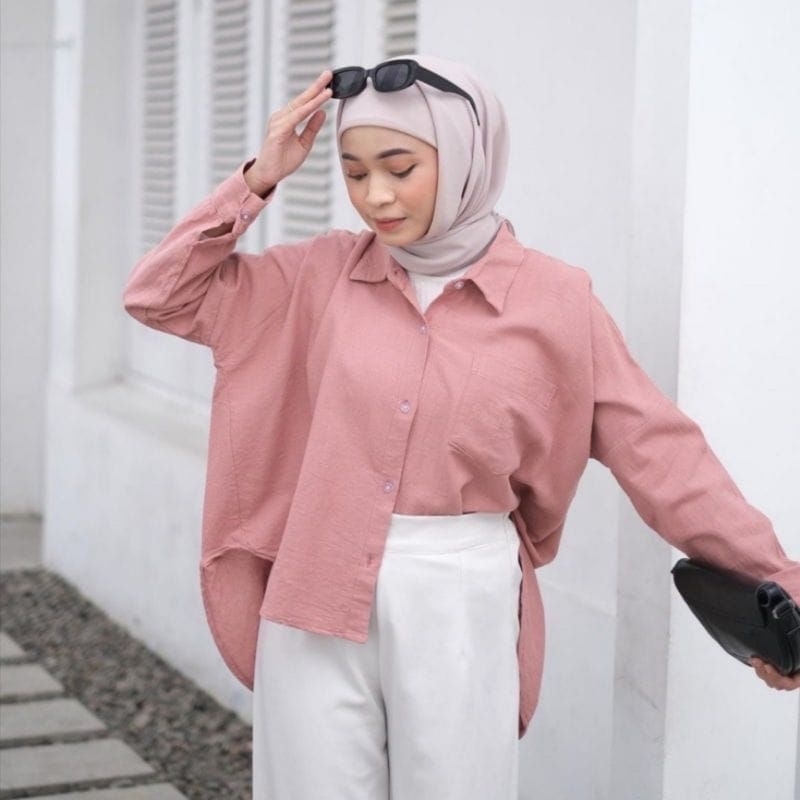 Kemeja Wanita Linen Oversize Olivia Shirt Linen Pocket/blouse wanita Linen poloskok