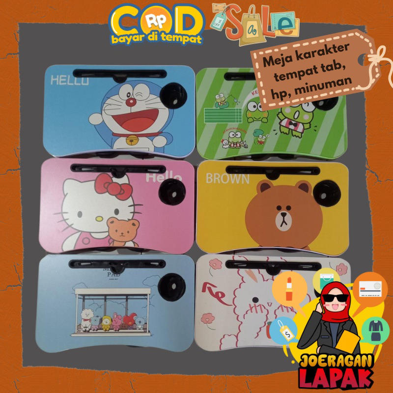 ⭐️JOERAGANLAPAK⭐️MEJA BELAJAR LIPAT KARAKTER 2 LUBANG LAPTOP MINUMAN TABLET SERBAGUNA DORAEMON HELLO