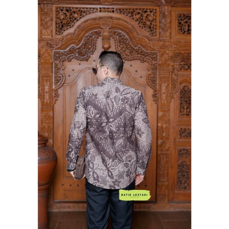 Baju Kemeja Batik Pria Lengan Panjang Premium Slimfit Modern Kawung Kupu Mocca