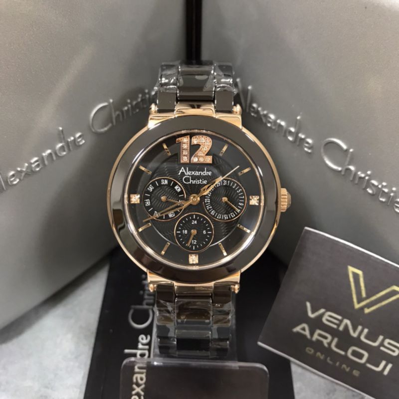 Jam Alexandre Christie AC 2359 BF BBR Wanita Hitam Rosegold Rantai Keramik Hitam Bulat