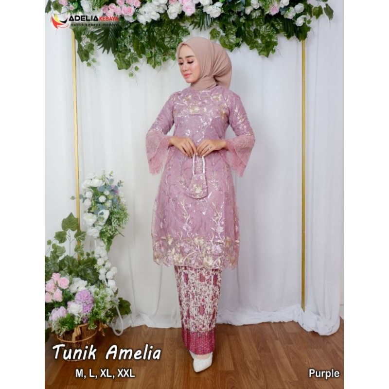 ( COD ) Setelan kebaya tunik amelia twotone - kebaya modern - outfit kekinian - bahan tulle bordir perpaduan dua warna - pakaian pesta keluarga, akad, baju wisuda nikahan, dan kondangan