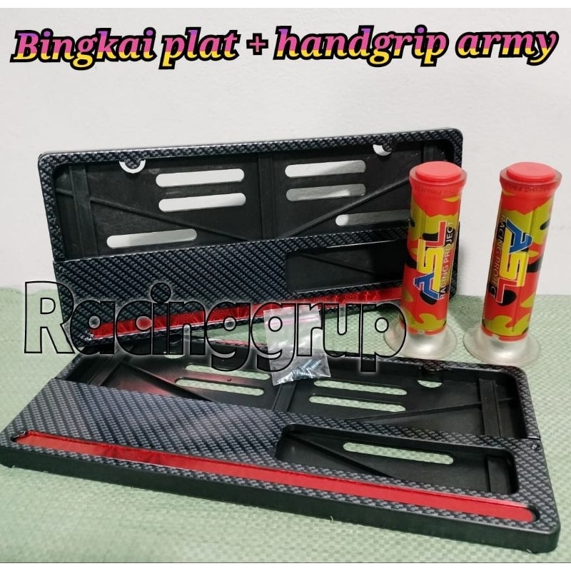 PROMO Paket  murah Dudukan Plat Nomor Bingkai Pelat Nomor Motor Cover Plat Universal+handgrip army grip karbon army ORANGE