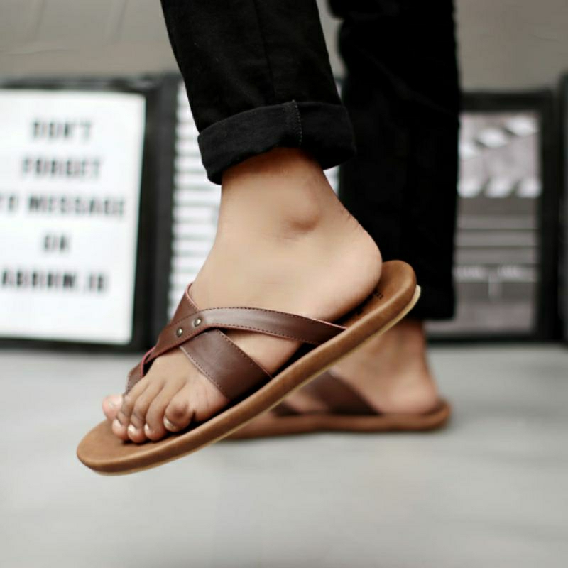 CEVANY WIROS Brown (KULIT ASLI) Sandal Pria Kulit Asli Sendal Casual Ringan Anti Licin