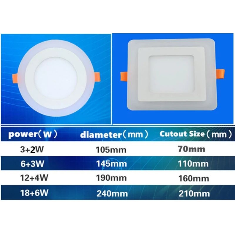 Lampu Downlight Led 12w + 4w Putih Biru kuning 2 warna kotak Bulat IB Panel 3step 12 4 Watt Hias Plafon Tidur list 16w