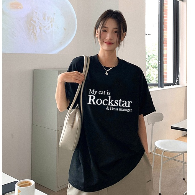 kaos wanita korean style premium import oversize lengan pendek letter pattern printed t-shirt kekinian atasan wanita warna hitam